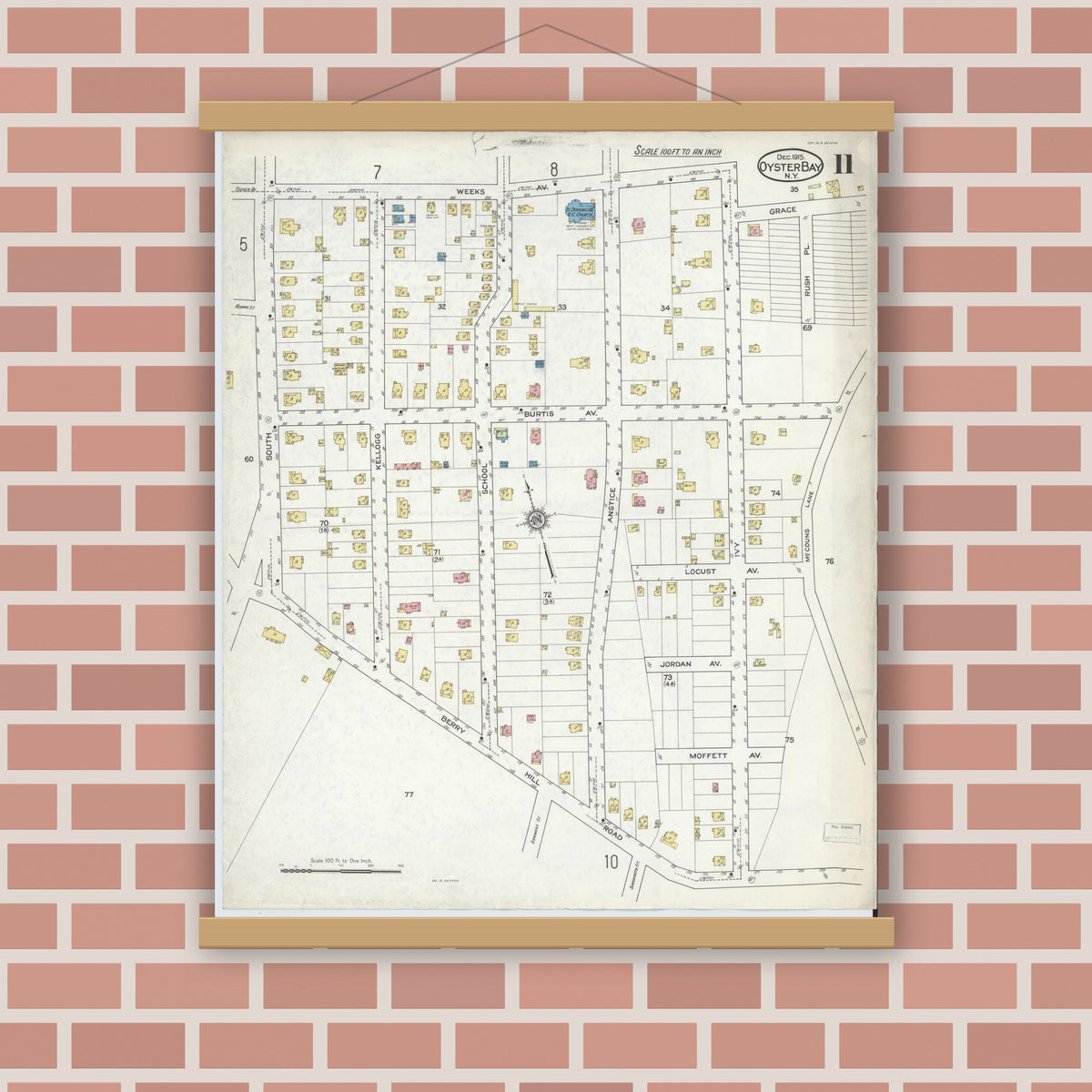 Old map wall art mockup — magnetic wood frame on brick wall — Sanborn Fire Insurance Map from Oyster Bay, Nassau County, New York (1915), Sheet #0011