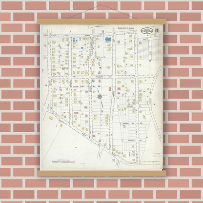 Old map wall art mockup — magnetic wood frame on brick wall — Sanborn Fire Insurance Map from Oyster Bay, Nassau County, New York (1915), Sheet #0011