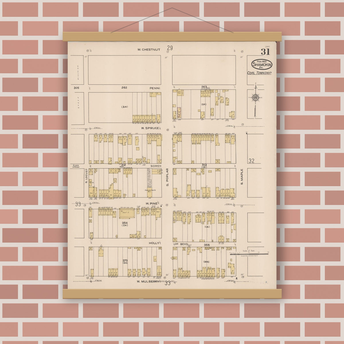 Old map wall art mockup — magnetic wood frame on brick wall — Sanborn Fire Insurance Map from Shamokin, Northumberland County, Pennsylvania (1922), Sheet #0031