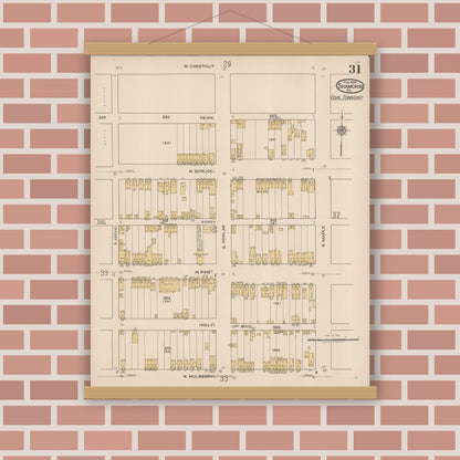 Old map wall art mockup — magnetic wood frame on brick wall — Sanborn Fire Insurance Map from Shamokin, Northumberland County, Pennsylvania (1922), Sheet #0031