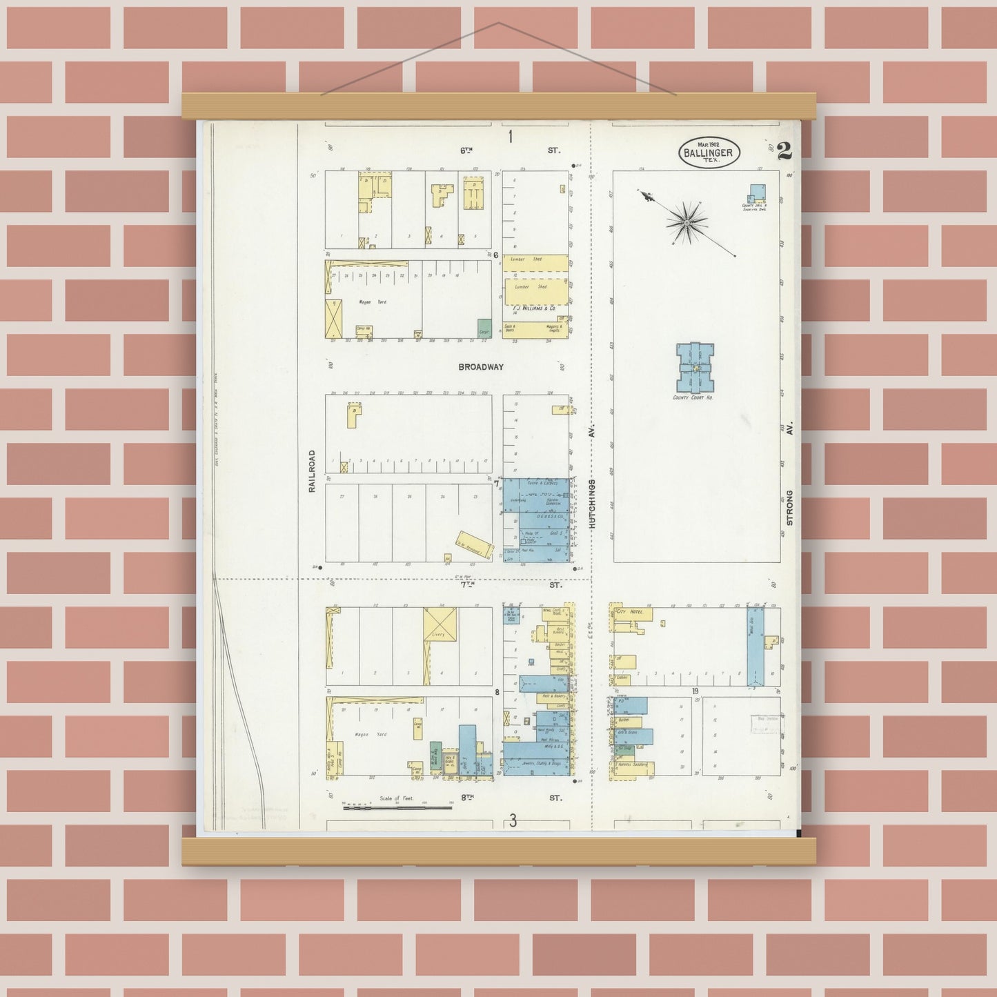 Old map wall art mockup — magnetic wood frame on brick wall — Sanborn Fire Insurance Map from Ballinger, Runnels County, Texas (1902), Sheet #0002