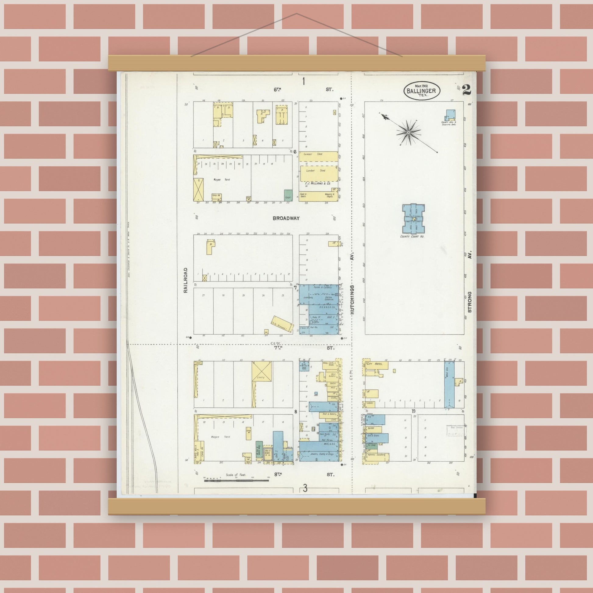 Old map wall art mockup — magnetic wood frame on brick wall — Sanborn Fire Insurance Map from Ballinger, Runnels County, Texas (1902), Sheet #0002