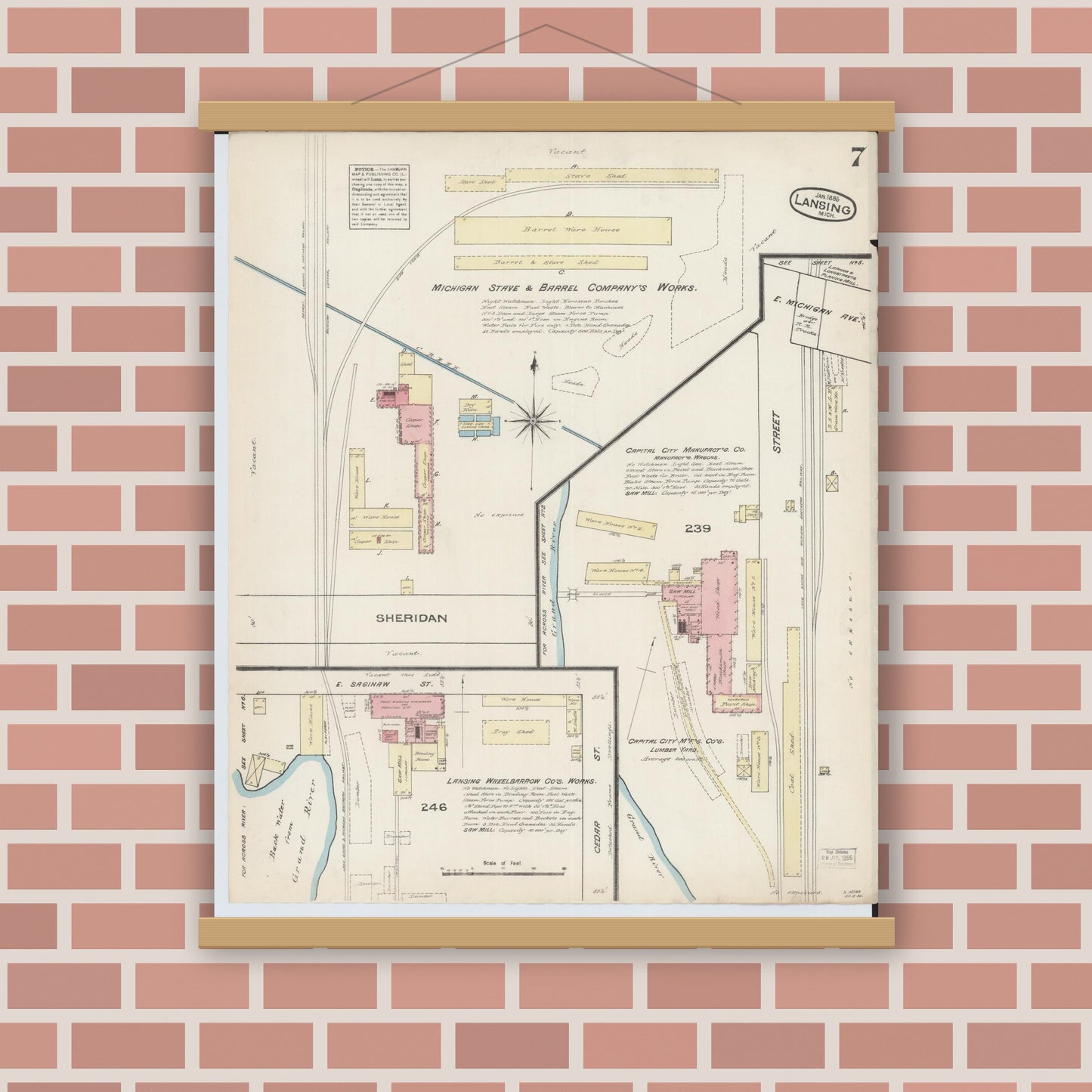 Old map wall art mockup — magnetic wood frame on brick wall — Sanborn Fire Insurance Map from Lansing, Ingham County, Michigan (1885), Sheet #0007