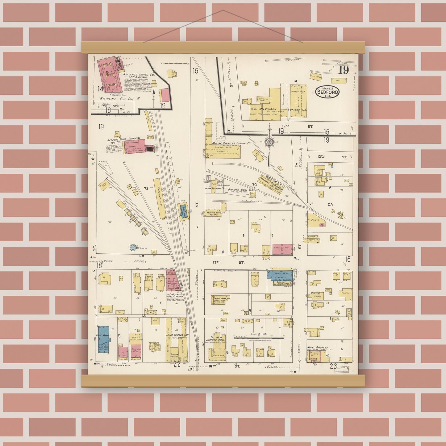 Old map wall art mockup — magnetic wood frame on brick wall — Sanborn Fire Insurance Map from Bedford, Lawrence County, Indiana (1922), Sheet #0019