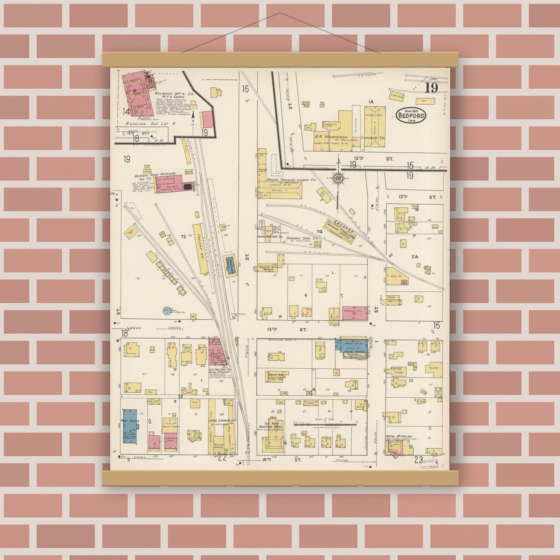 Old map wall art mockup — magnetic wood frame on brick wall — Sanborn Fire Insurance Map from Bedford, Lawrence County, Indiana (1922), Sheet #0019