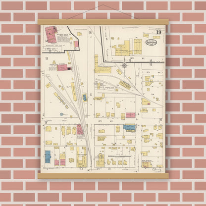 Old map wall art mockup — magnetic wood frame on brick wall — Sanborn Fire Insurance Map from Bedford, Lawrence County, Indiana (1922), Sheet #0019