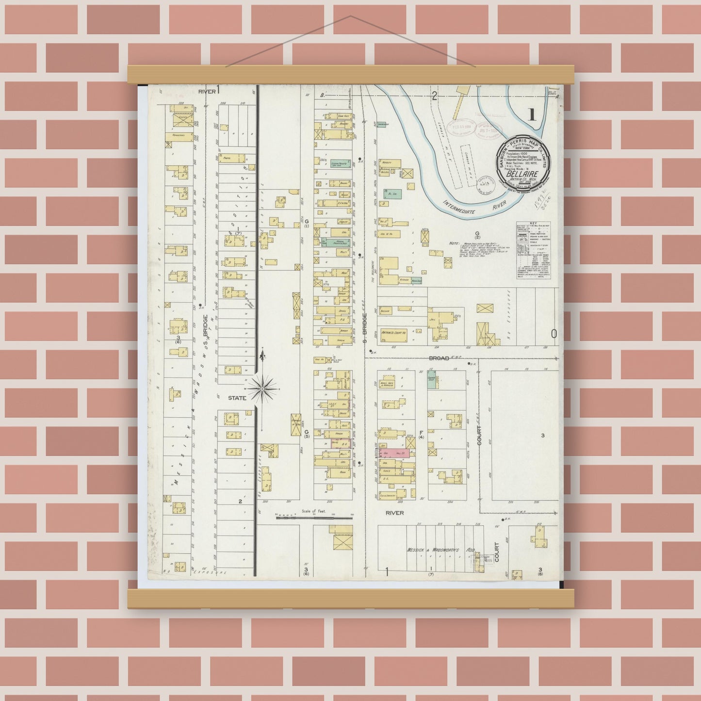 Old map wall art mockup — magnetic wood frame on brick wall — Sanborn Fire Insurance Map from Bellaire, Antrim County, Michigan (1898) - Complete Map Set