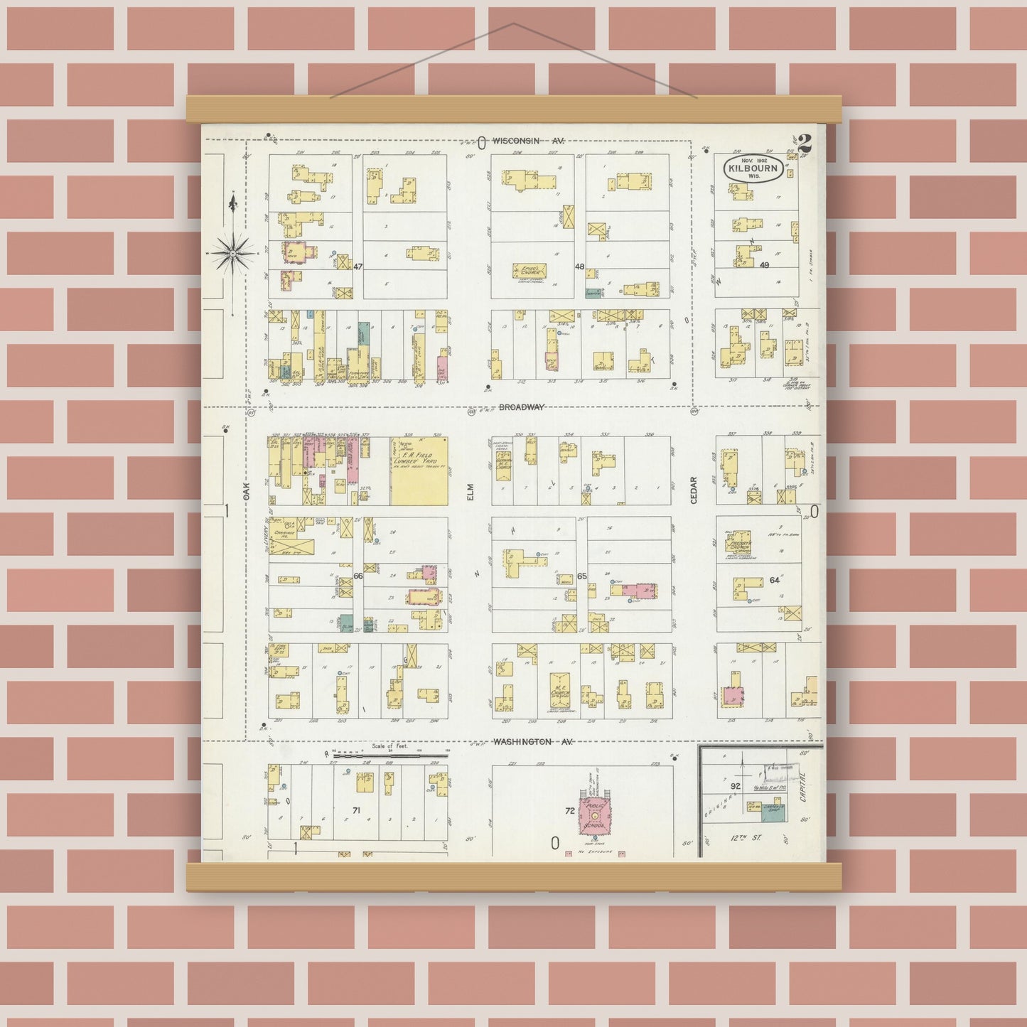 Old map wall art mockup — magnetic wood frame on brick wall — Sanborn Fire Insurance Map from Kilbourn, Columbia County, Wisconsin (1902), Sheet #0002
