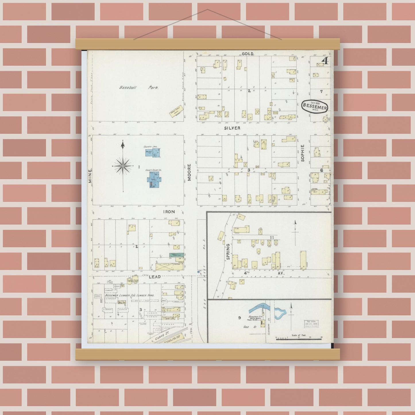 Old map wall art mockup — magnetic wood frame on brick wall — Sanborn Fire Insurance Map from Bessemer, Gogebic County, Michigan (1891), Sheet #0004