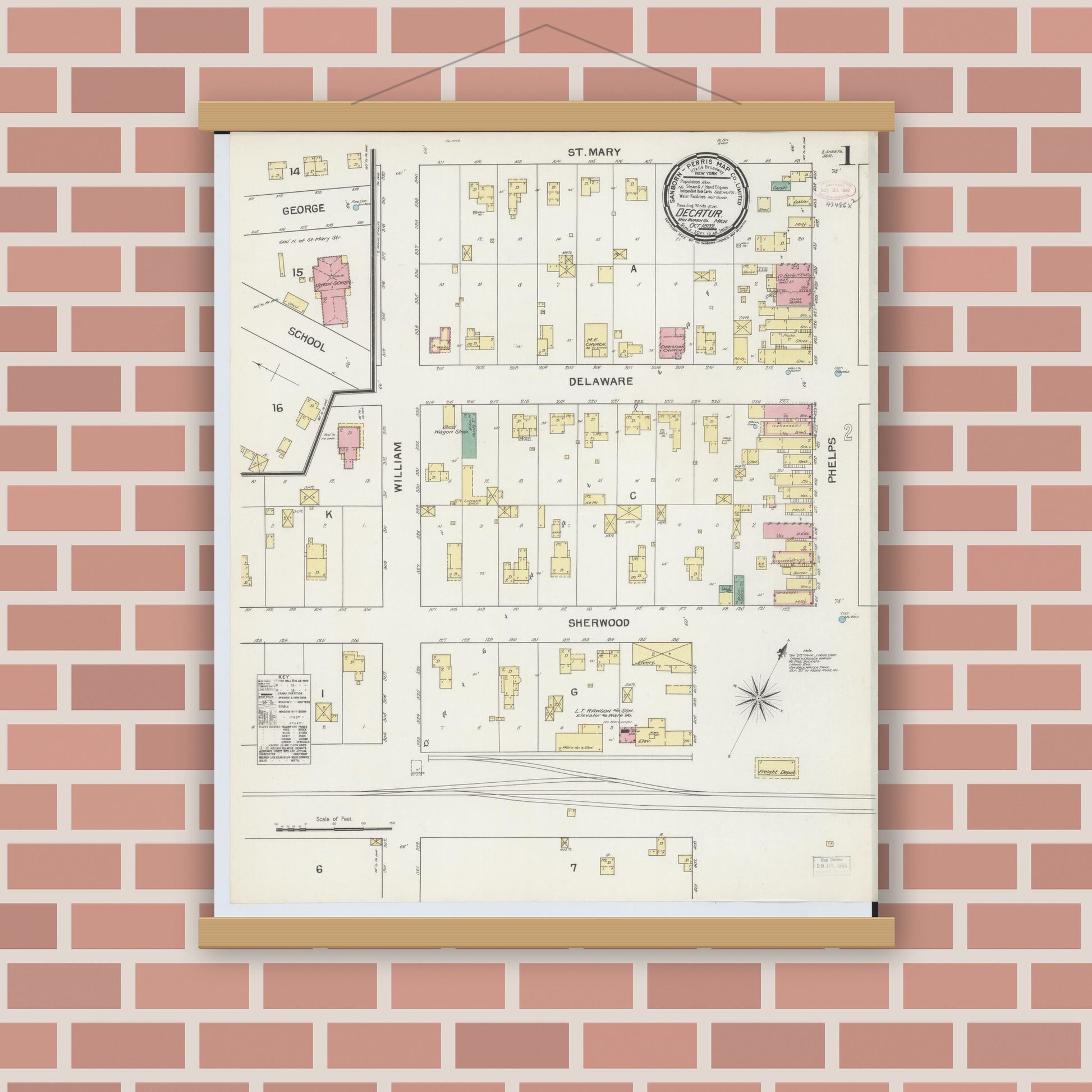 Old map wall art mockup — magnetic wood frame on brick wall — Sanborn Fire Insurance Map from Decatur, Van Buren County, Michigan (1892) - Complete Map Set