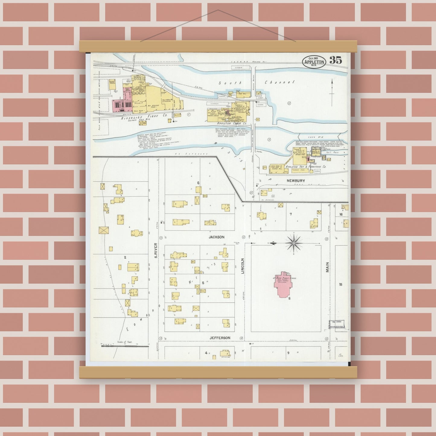 Old map wall art mockup — magnetic wood frame on brick wall — Sanborn Fire Insurance Map from Appleton, Outagamie County, Wisconsin (1901), Sheet #0035