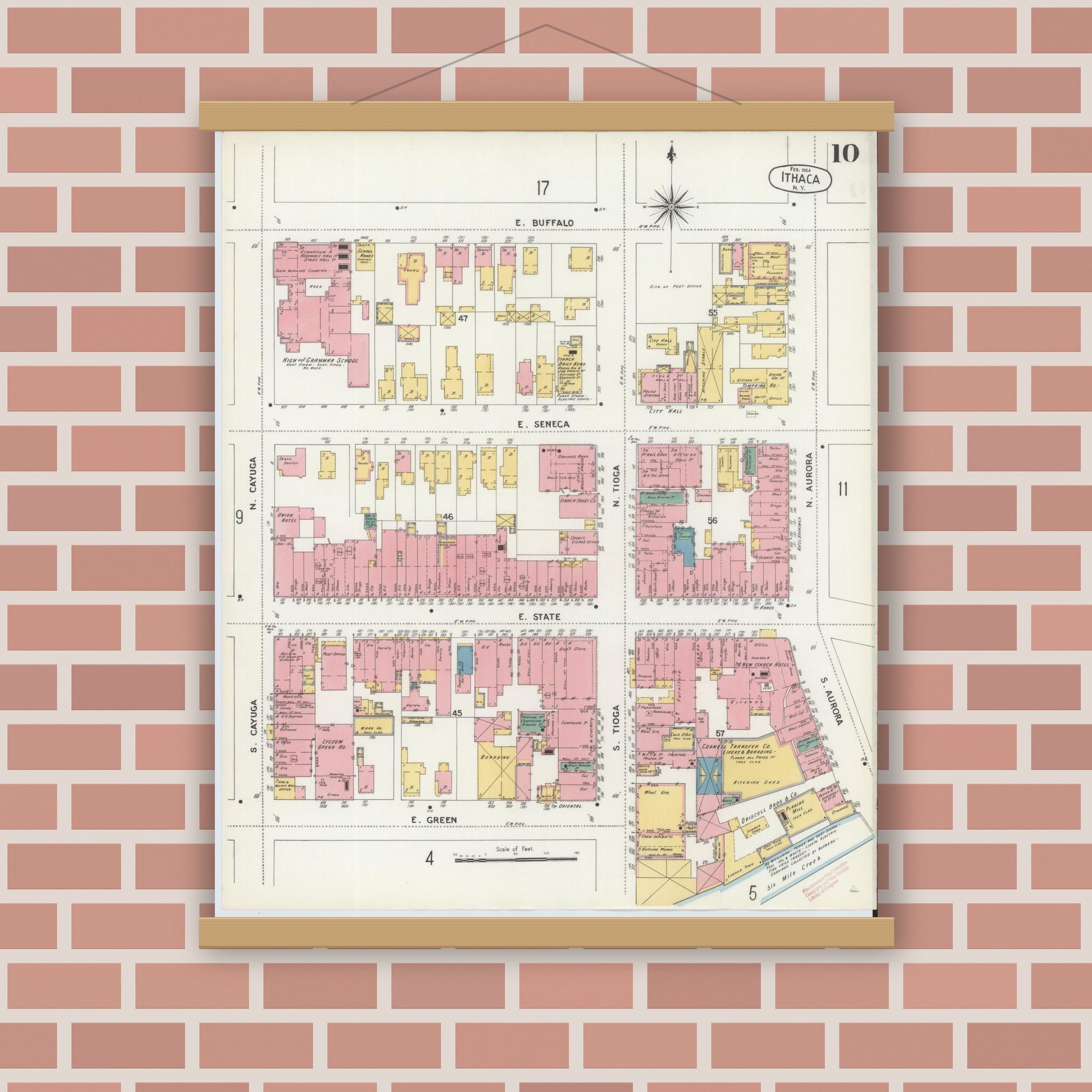 Old map wall art mockup — magnetic wood frame on brick wall — Sanborn Fire Insurance Map from Ithaca, Tompkins County, New York (1904), Sheet #0010