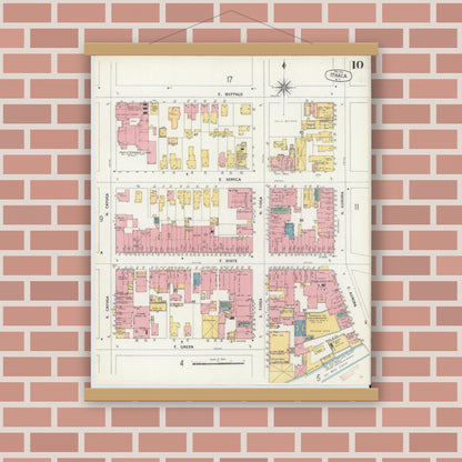 Old map wall art mockup — magnetic wood frame on brick wall — Sanborn Fire Insurance Map from Ithaca, Tompkins County, New York (1904), Sheet #0010