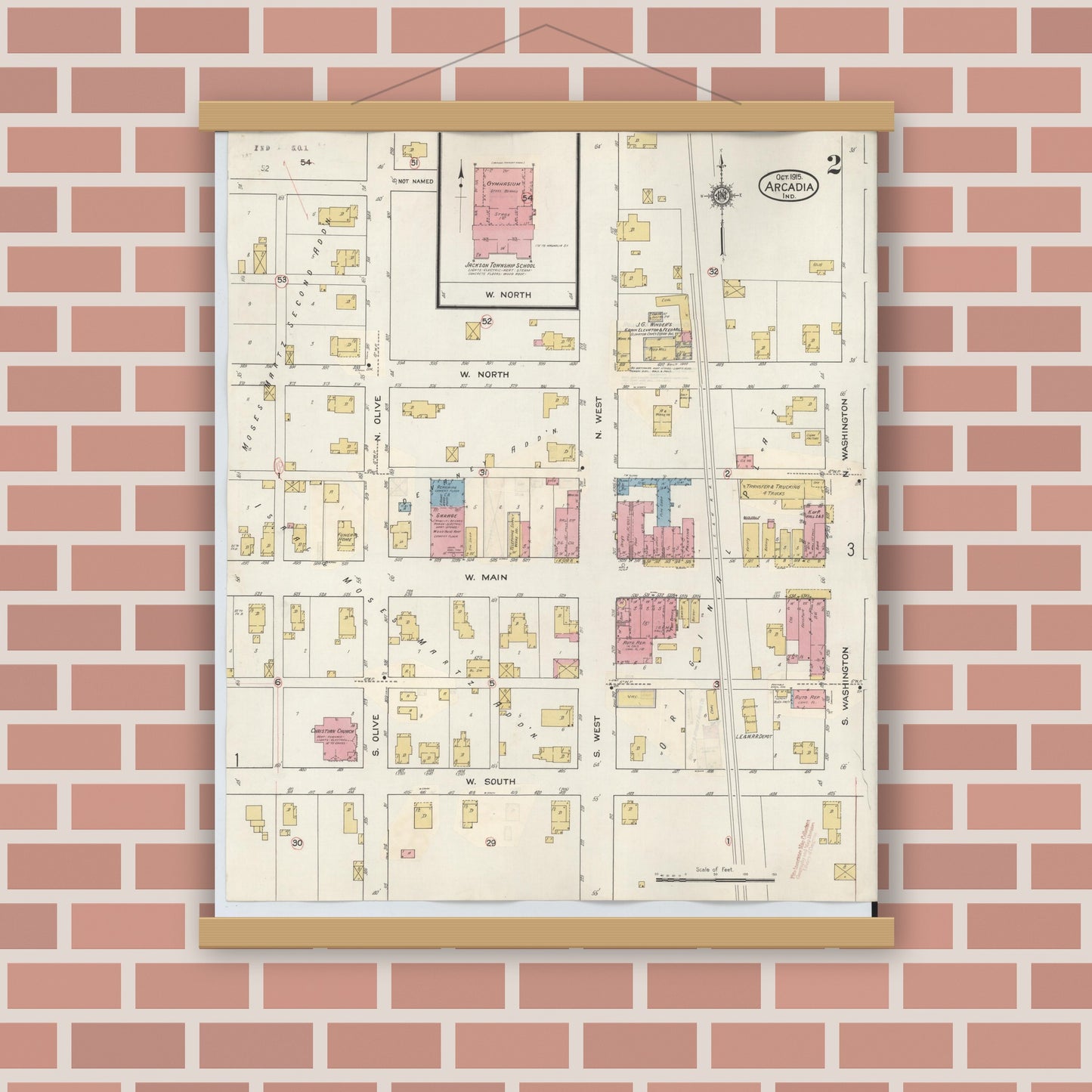 Old map wall art mockup — magnetic wood frame on brick wall — Sanborn Fire Insurance Map from Arcadia, Hamilton County, Indiana (1933), Sheet #0002