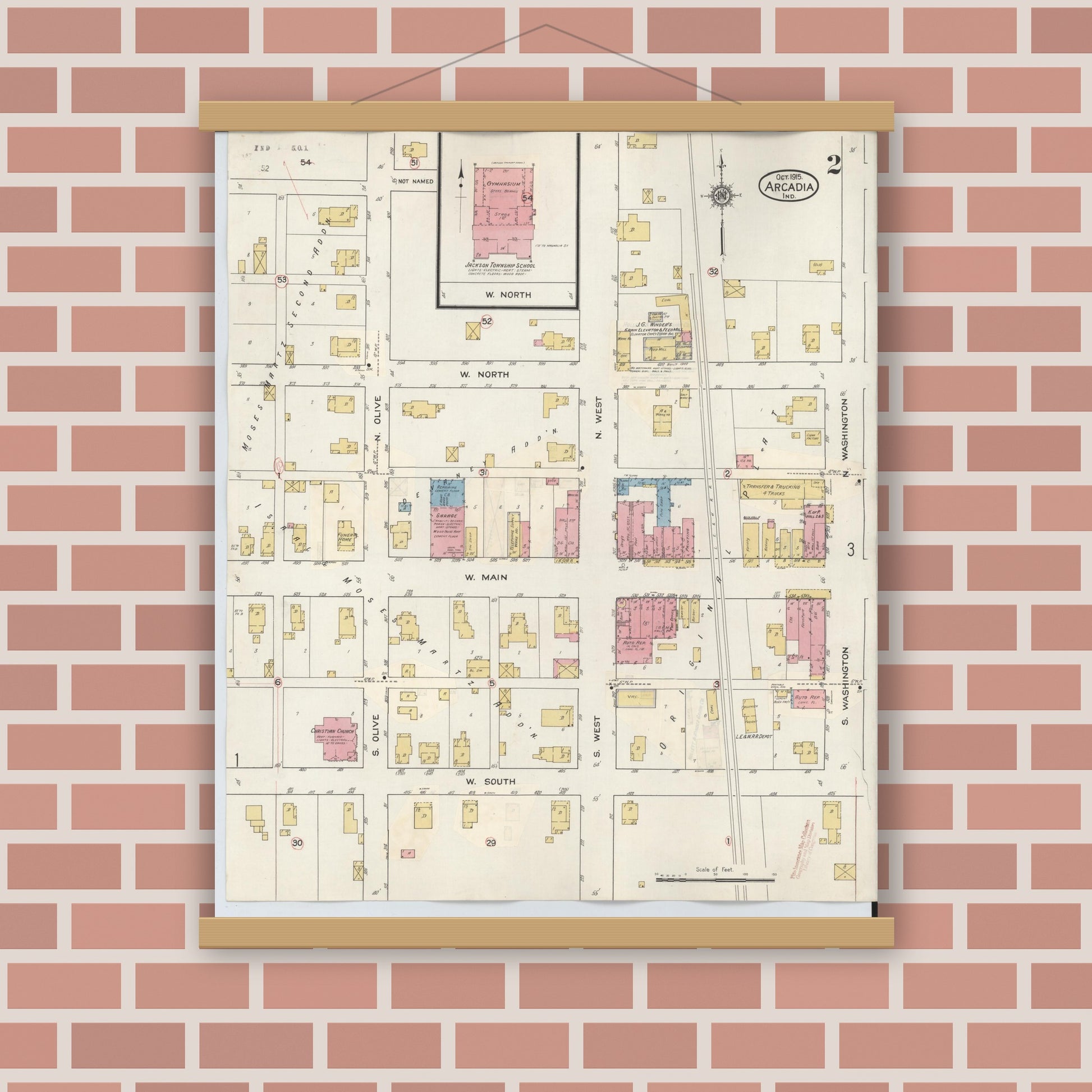 Old map wall art mockup — magnetic wood frame on brick wall — Sanborn Fire Insurance Map from Arcadia, Hamilton County, Indiana (1933), Sheet #0002