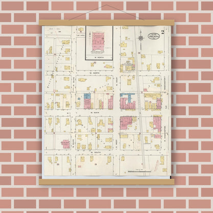 Old map wall art mockup — magnetic wood frame on brick wall — Sanborn Fire Insurance Map from Arcadia, Hamilton County, Indiana (1933), Sheet #0002