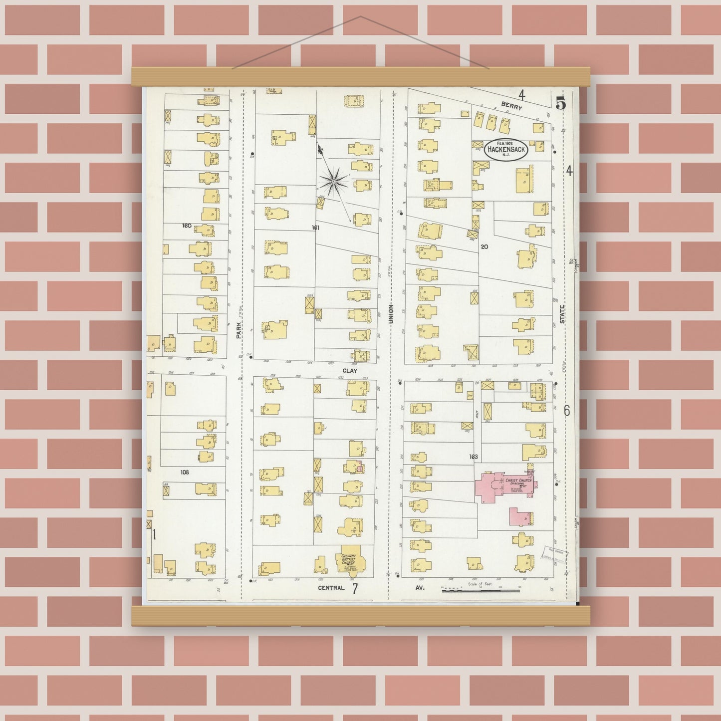 Old map wall art mockup — magnetic wood frame on brick wall — Sanborn Fire Insurance Map from Hackensack, Bergen County, New Jersey (1902), Sheet #0005