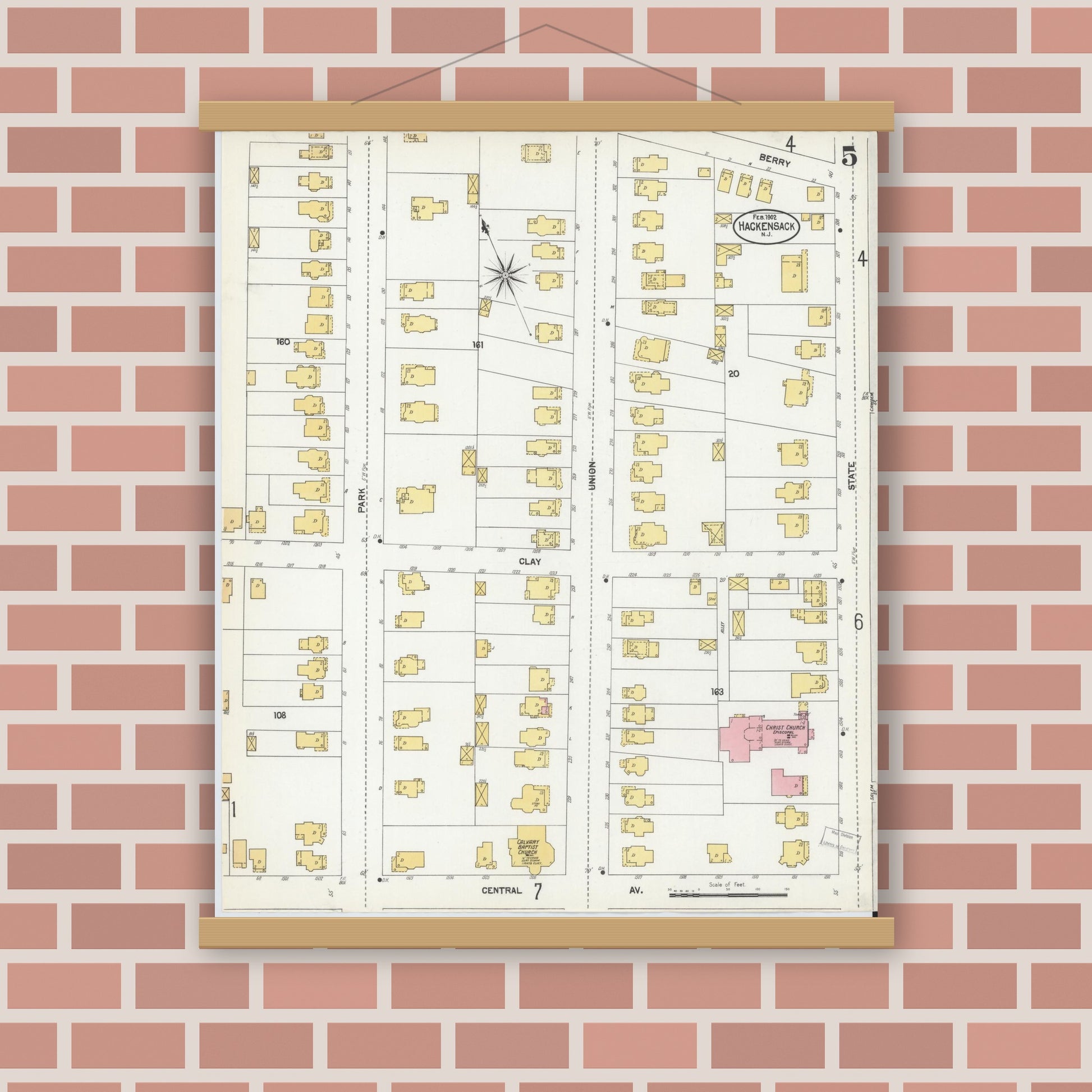 Old map wall art mockup — magnetic wood frame on brick wall — Sanborn Fire Insurance Map from Hackensack, Bergen County, New Jersey (1902), Sheet #0005
