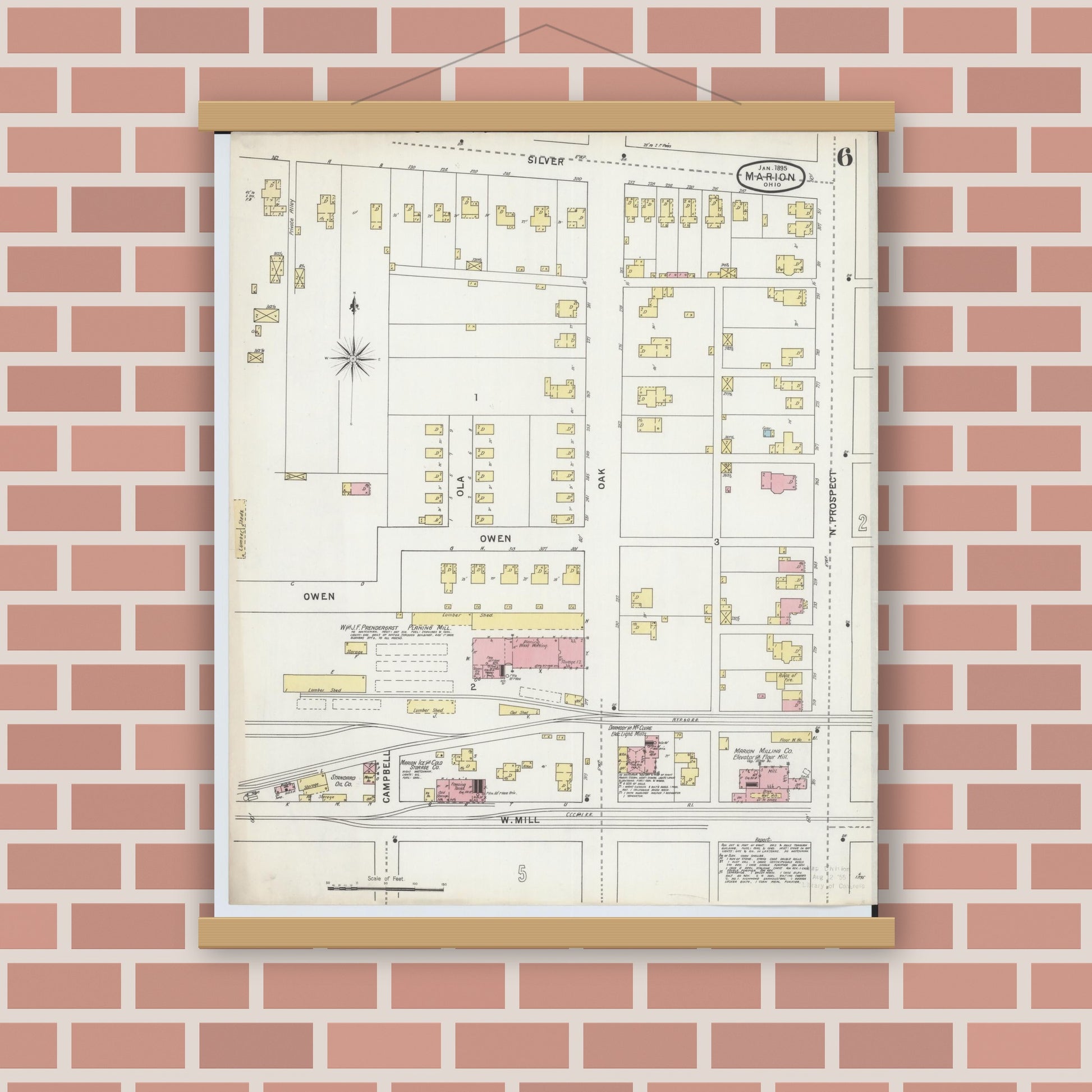 Old map wall art mockup — magnetic wood frame on brick wall — Sanborn Fire Insurance Map from Marion, Marion County, Ohio (1895), Sheet #0006