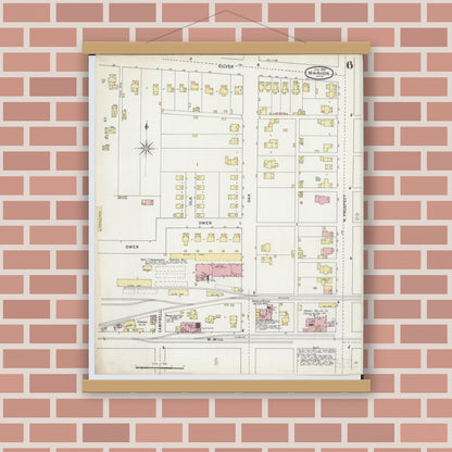 Old map wall art mockup — magnetic wood frame on brick wall — Sanborn Fire Insurance Map from Marion, Marion County, Ohio (1895), Sheet #0006