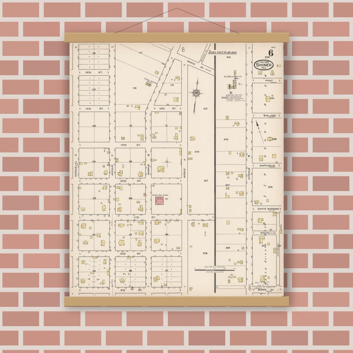Old map wall art mockup — magnetic wood frame on brick wall — Sanborn Fire Insurance Map from Shiner, Lavaca County, Texas (1922), Sheet #0006