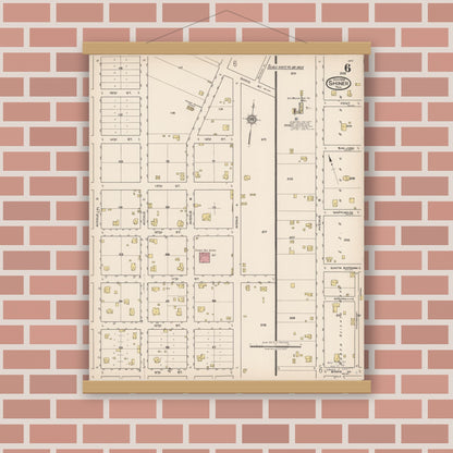 Old map wall art mockup — magnetic wood frame on brick wall — Sanborn Fire Insurance Map from Shiner, Lavaca County, Texas (1922), Sheet #0006
