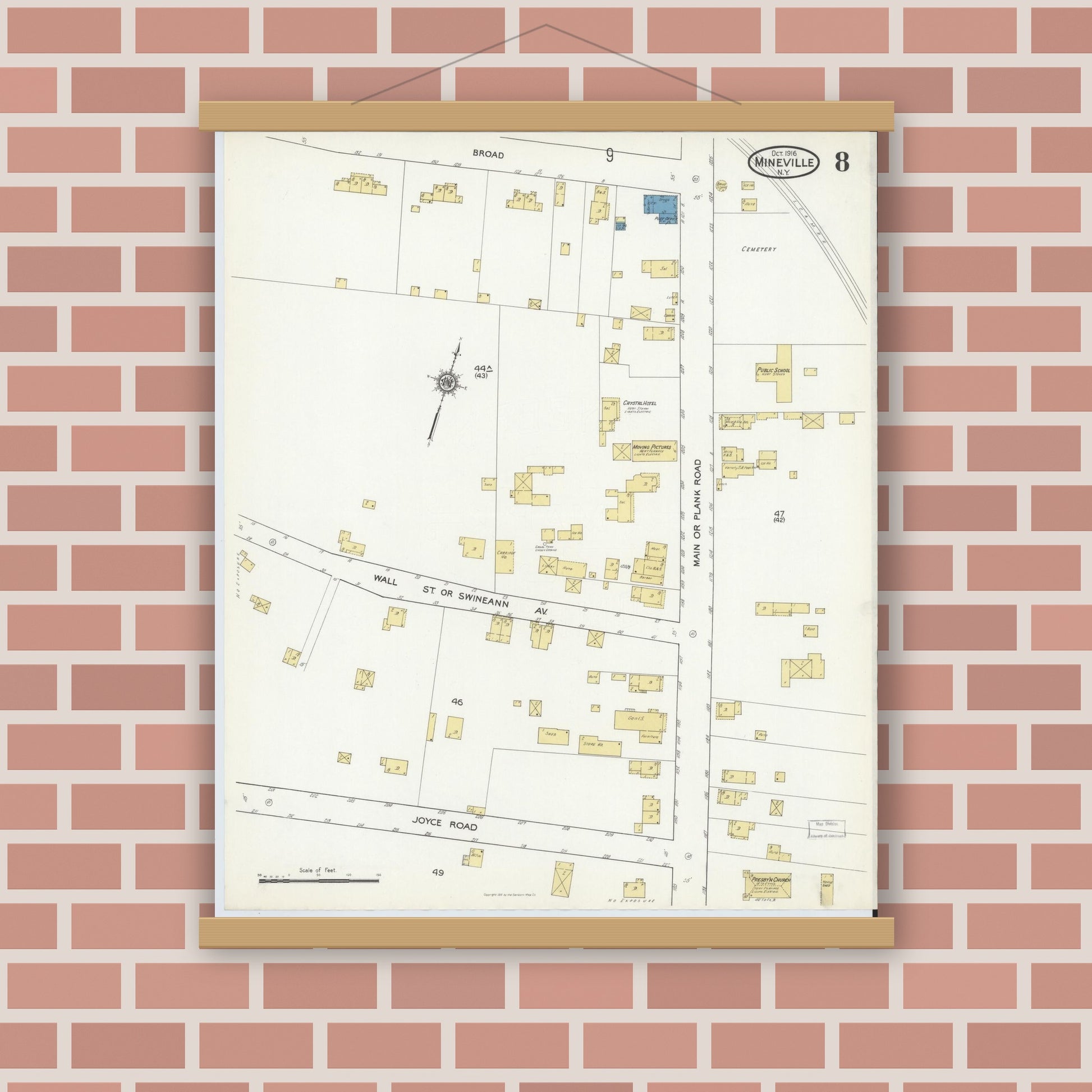 Old map wall art mockup — magnetic wood frame on brick wall — Sanborn Fire Insurance Map from Mineville, Essex County, New York (1916), Sheet #0008