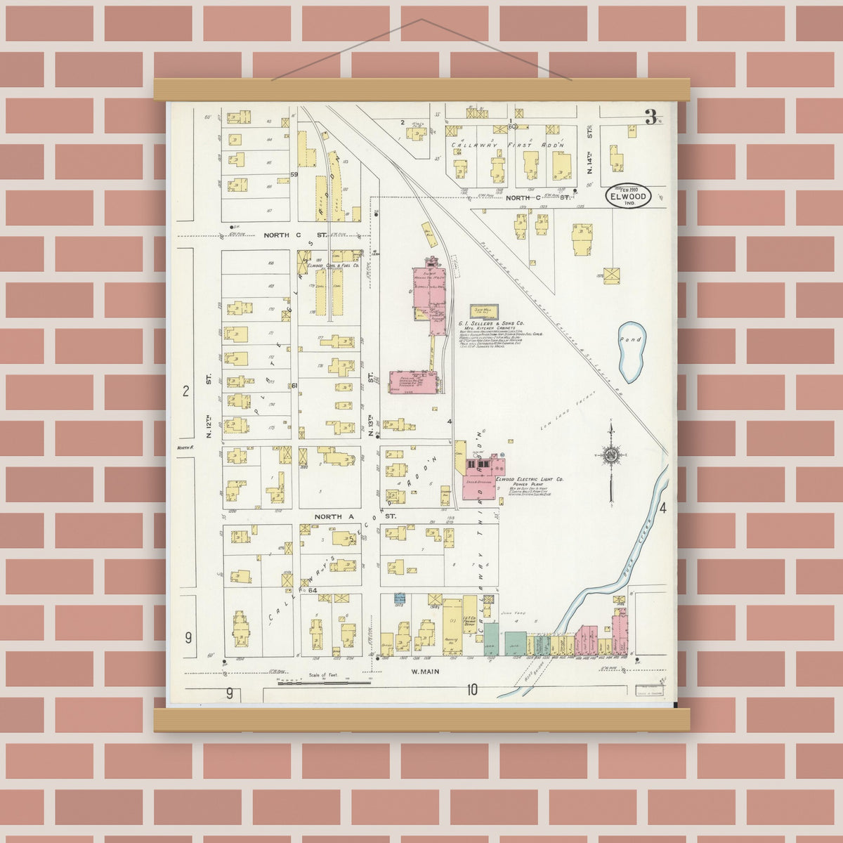 Old map wall art mockup — magnetic wood frame on brick wall — Sanborn Fire Insurance Map from Elwood, Madison County, Indiana (1910), Sheet #0003