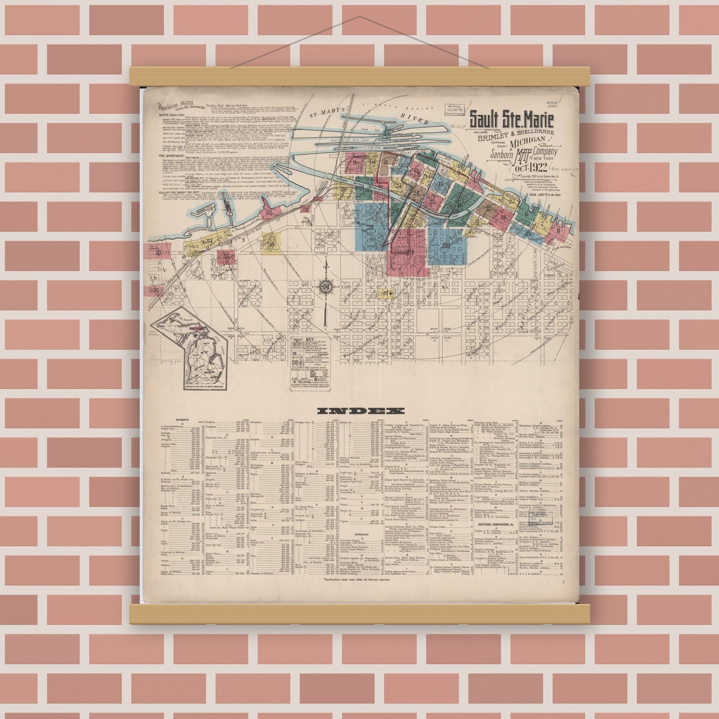 Old map wall art mockup — magnetic wood frame on brick wall — Sanborn Fire Insurance Map from Sault Sainte Marie, Chippewa County, Michigan (1922) - Complete Map Set