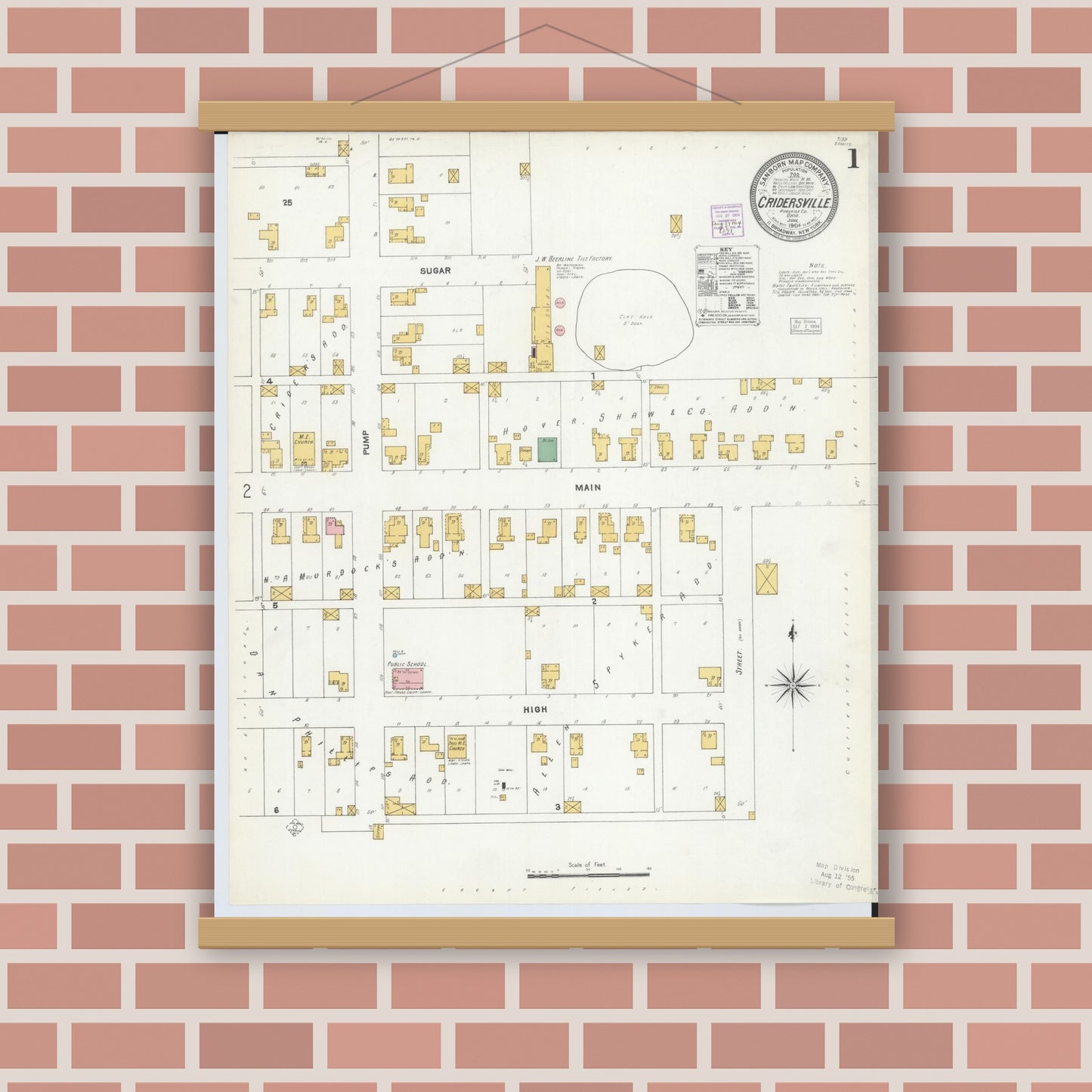 Old map wall art mockup — magnetic wood frame on brick wall — Sanborn Fire Insurance Map from Cridersville, Auglaize County, Ohio (1904) - Complete Map Set