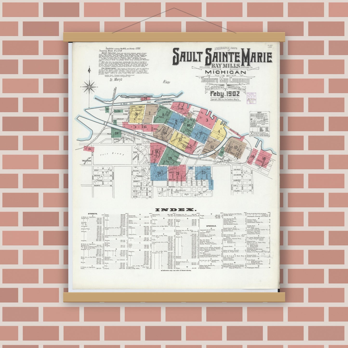Old map wall art mockup — magnetic wood frame on brick wall — Sanborn Fire Insurance Map from Sault Sainte Marie, Chippewa County, Michigan (1902) - Complete Map Set