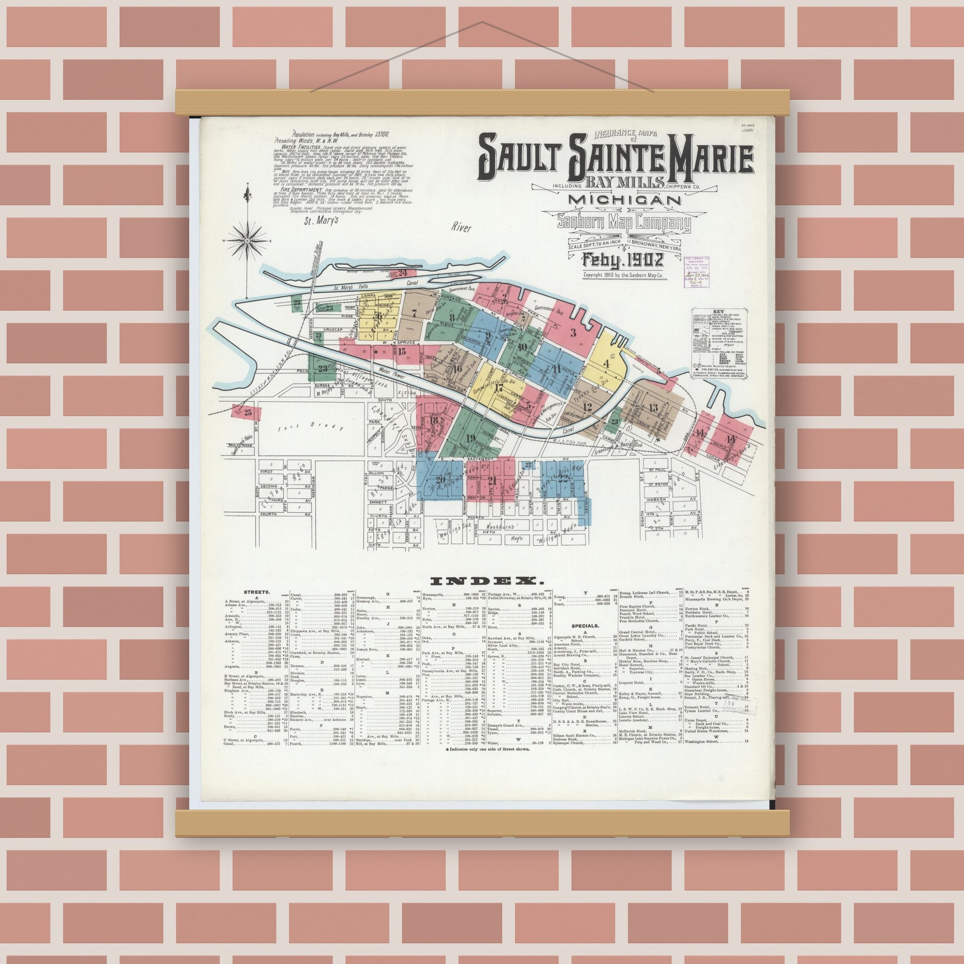 Old map wall art mockup — magnetic wood frame on brick wall — Sanborn Fire Insurance Map from Sault Sainte Marie, Chippewa County, Michigan (1902) - Complete Map Set