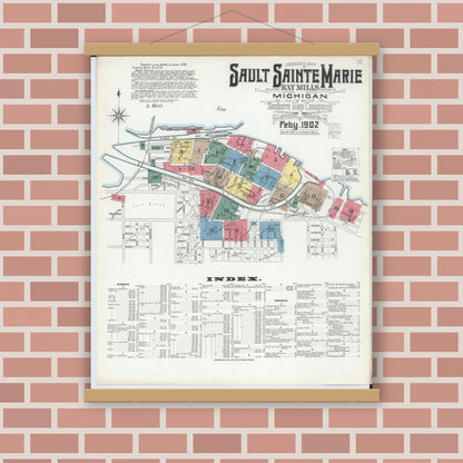 Old map wall art mockup — magnetic wood frame on brick wall — Sanborn Fire Insurance Map from Sault Sainte Marie, Chippewa County, Michigan (1902) - Complete Map Set