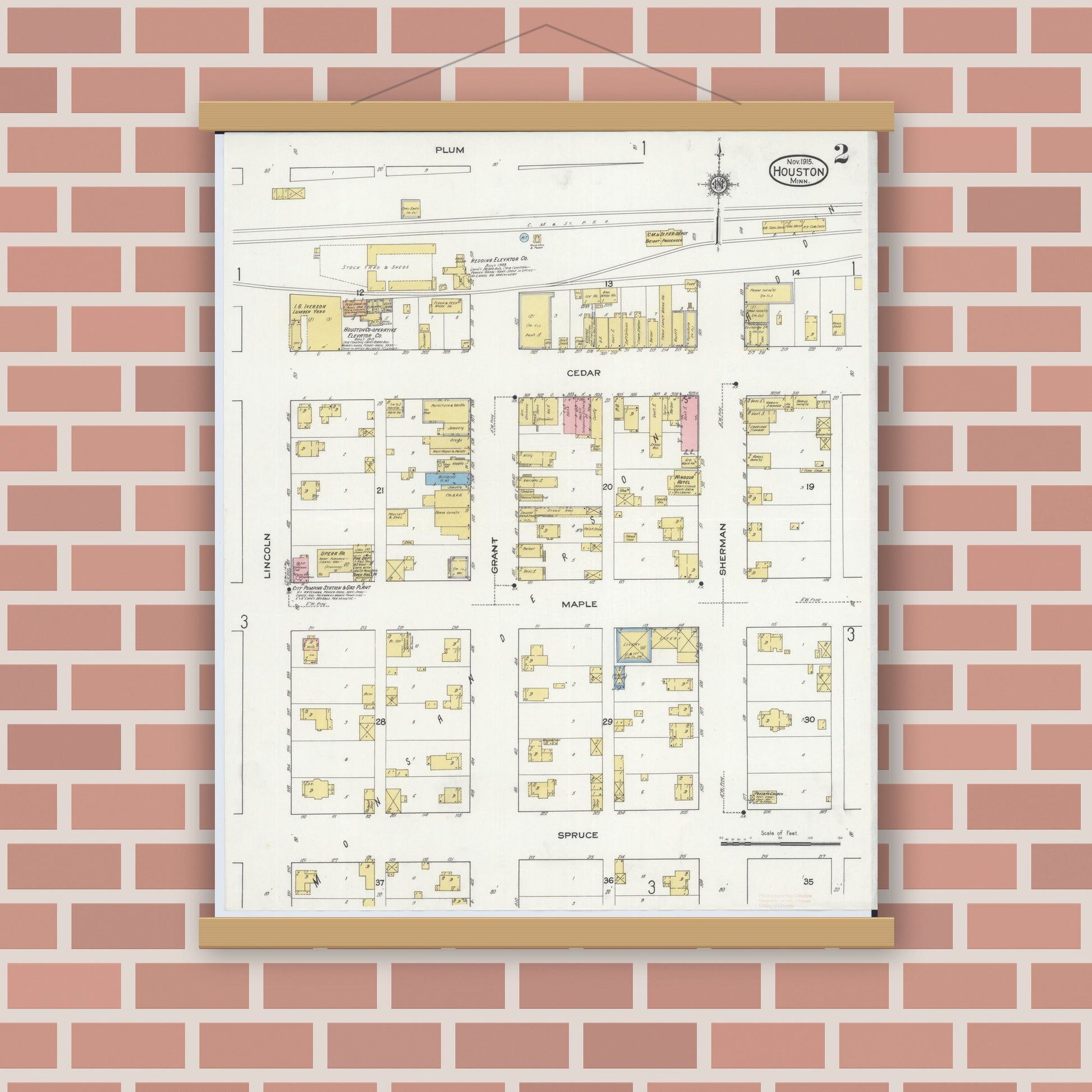 Old map wall art mockup — magnetic wood frame on brick wall — Sanborn Fire Insurance Map from Houston, Houston County, Minnesota (1915), Sheet #0002