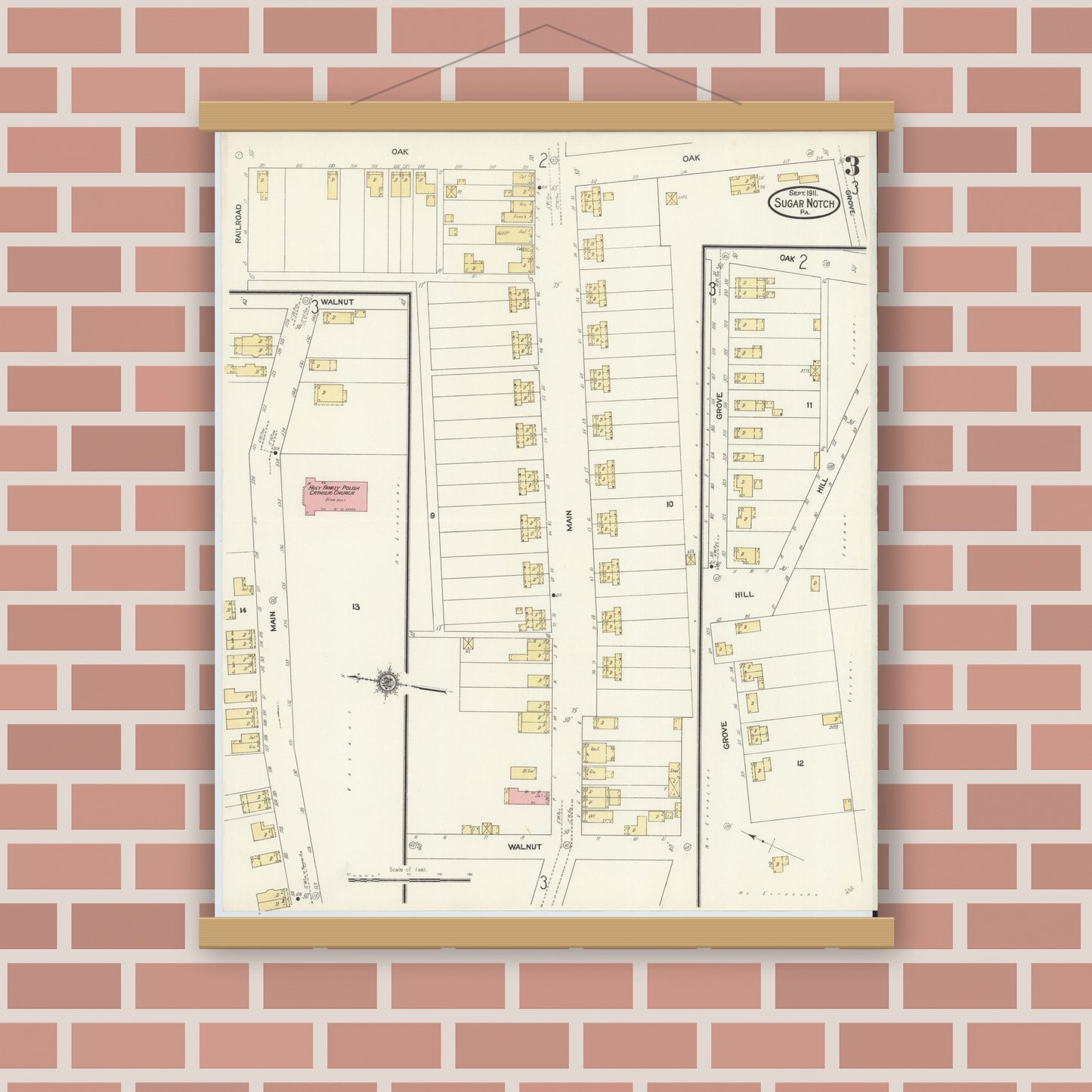 Old map wall art mockup — magnetic wood frame on brick wall — Sanborn Fire Insurance Map from Sugar Notch, Luzerne County, Pennsylvania (1911), Sheet #0003