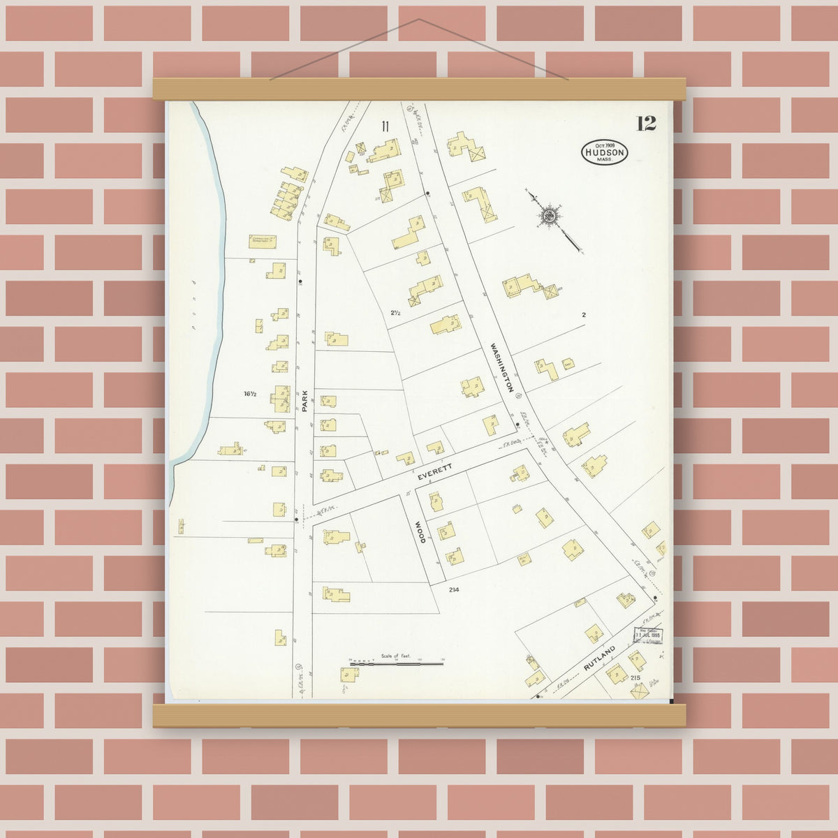 Old map wall art mockup — magnetic wood frame on brick wall — Sanborn Fire Insurance Map from Hudson, Middlesex County, Massachusetts (1909), Sheet #0012
