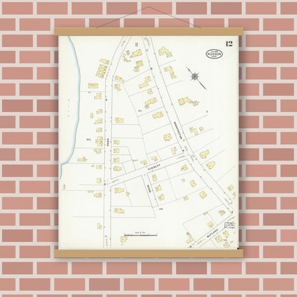 Old map wall art mockup — magnetic wood frame on brick wall — Sanborn Fire Insurance Map from Hudson, Middlesex County, Massachusetts (1909), Sheet #0012