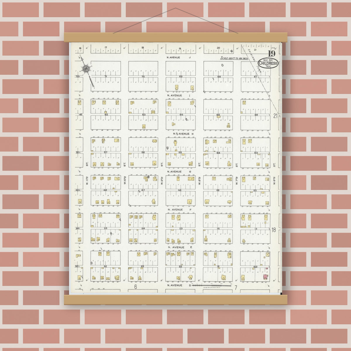 Old map wall art mockup — magnetic wood frame on brick wall — Sanborn Fire Insurance Map from Childress, Childress County, Texas (1921), Sheet #0019