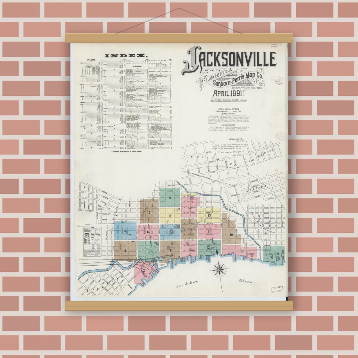 Old map wall art mockup — magnetic wood frame on brick wall — Sanborn Fire Insurance Map from Jacksonville, Duval County, Florida (1891) - Complete Map Set