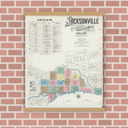 Old map wall art mockup — magnetic wood frame on brick wall — Sanborn Fire Insurance Map from Jacksonville, Duval County, Florida (1891) - Complete Map Set