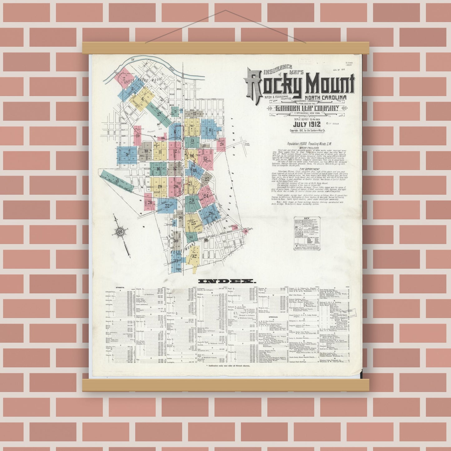 Old map wall art mockup — magnetic wood frame on brick wall — Sanborn Fire Insurance Map from Rocky Mount, Edgecombe And Nash Counties, North Carolina (1912) - Complete Map Set
