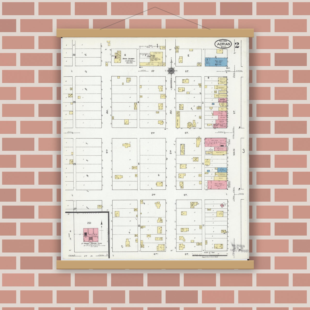 Old map wall art mockup — magnetic wood frame on brick wall — Sanborn Fire Insurance Map from Adrian, Nobles County, Minnesota (1922), Sheet #0002