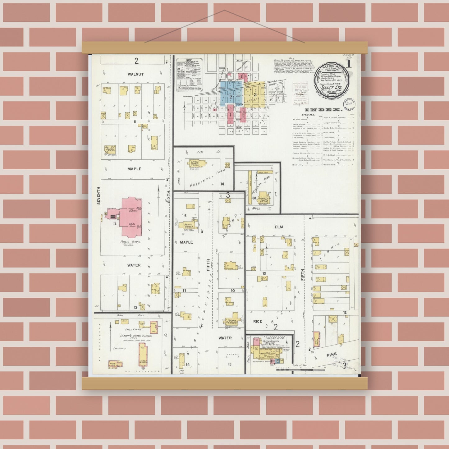 Old map wall art mockup — magnetic wood frame on brick wall — Sanborn Fire Insurance Map from Sleepy Eye, Brown County, Minnesota (1899) - Complete Map Set
