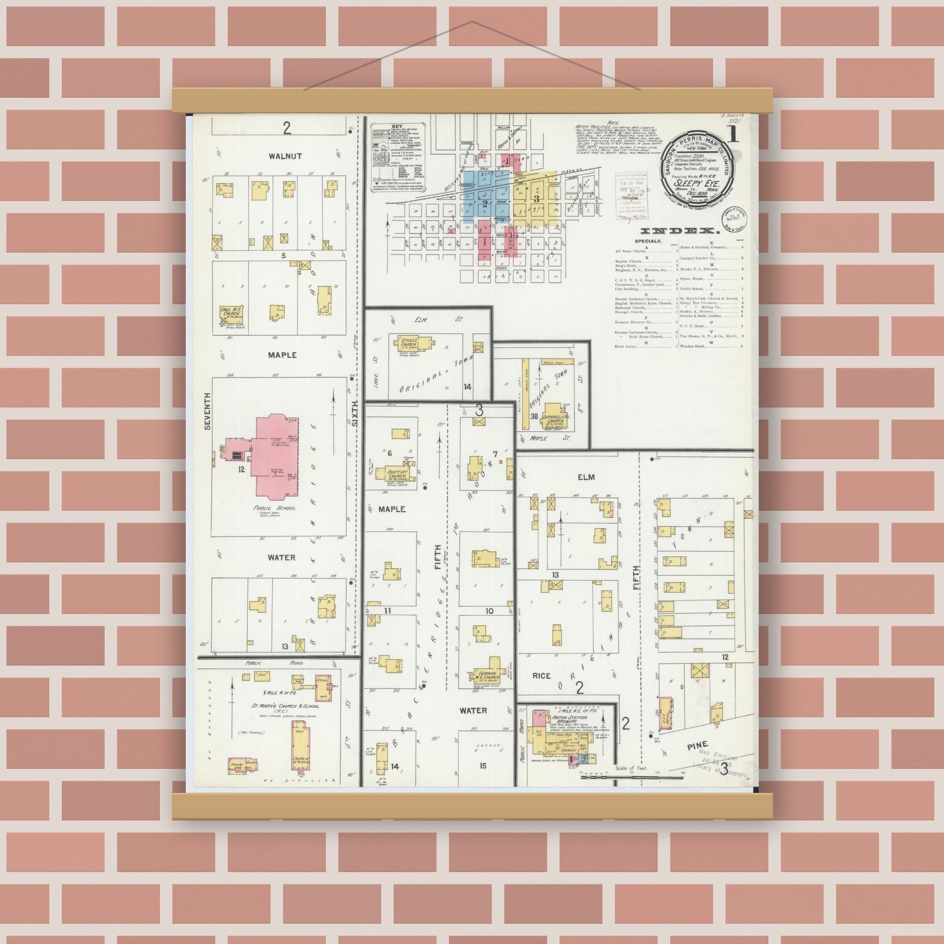 Old map wall art mockup — magnetic wood frame on brick wall — Sanborn Fire Insurance Map from Sleepy Eye, Brown County, Minnesota (1899) - Complete Map Set
