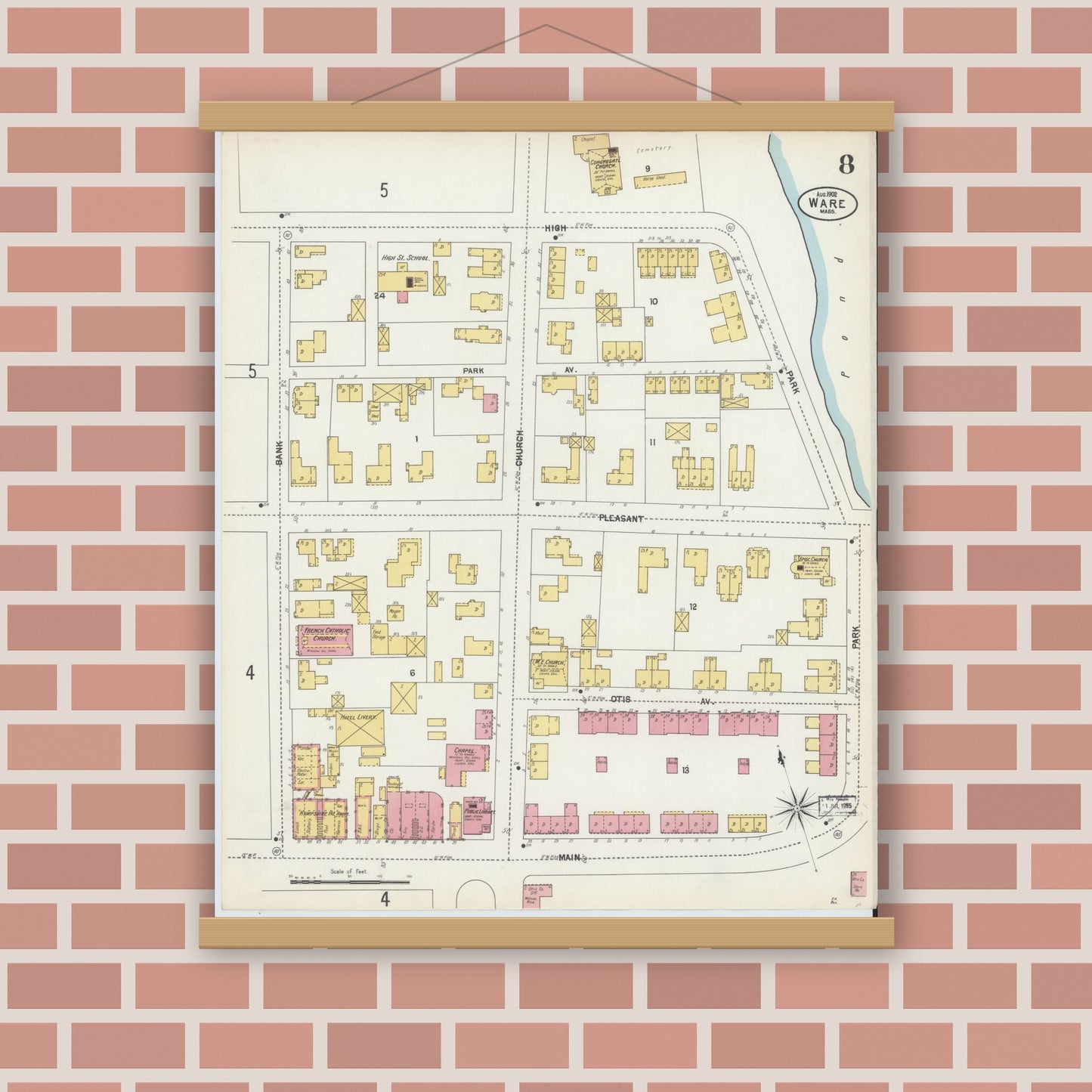 Old map wall art mockup — magnetic wood frame on brick wall — Sanborn Fire Insurance Map from Ware, Hampshire County, Massachusetts (1902), Sheet #0008