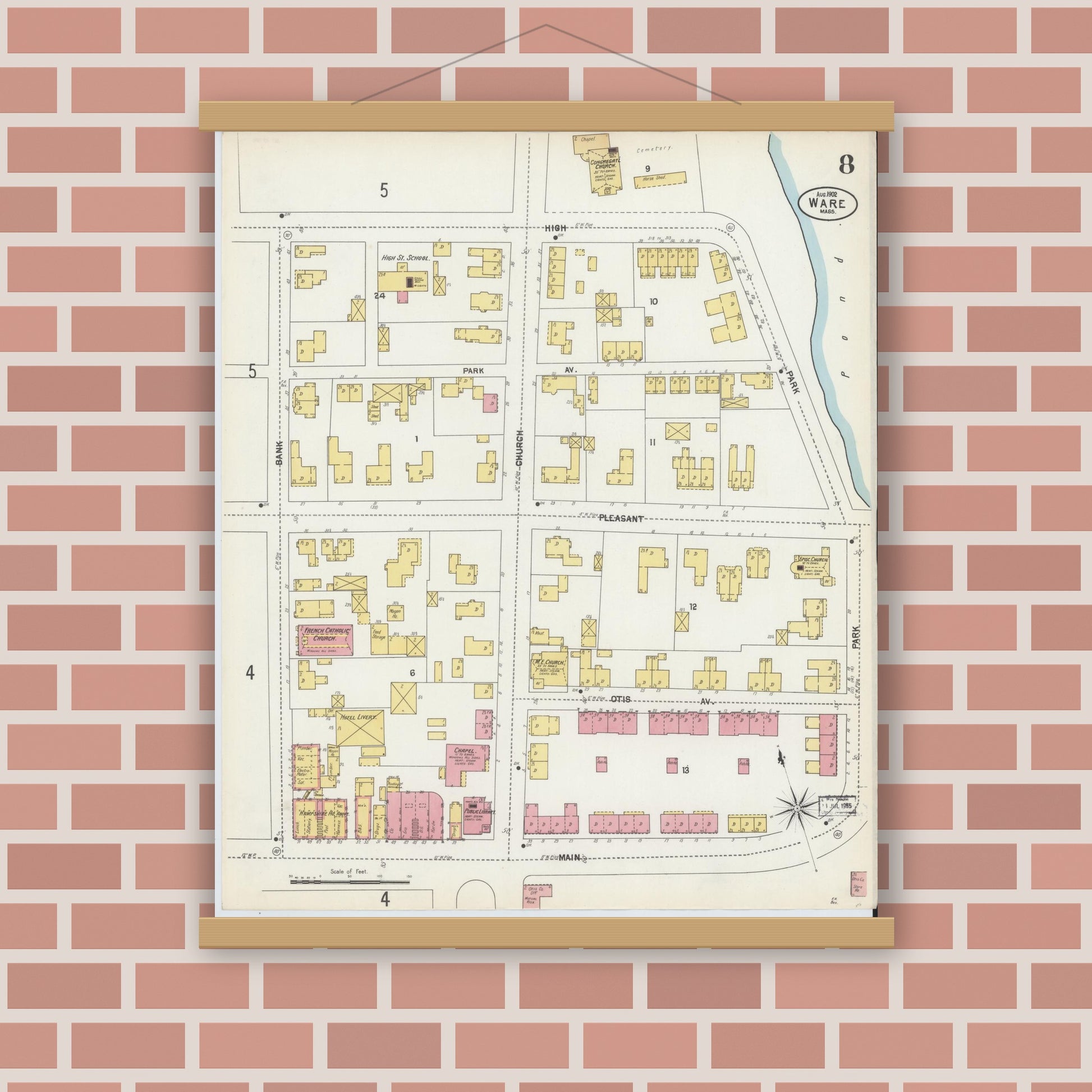 Old map wall art mockup — magnetic wood frame on brick wall — Sanborn Fire Insurance Map from Ware, Hampshire County, Massachusetts (1902), Sheet #0008