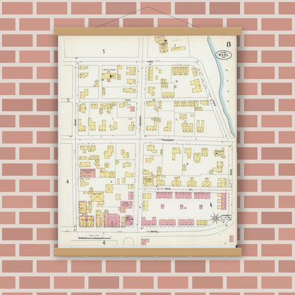 Old map wall art mockup — magnetic wood frame on brick wall — Sanborn Fire Insurance Map from Ware, Hampshire County, Massachusetts (1902), Sheet #0008
