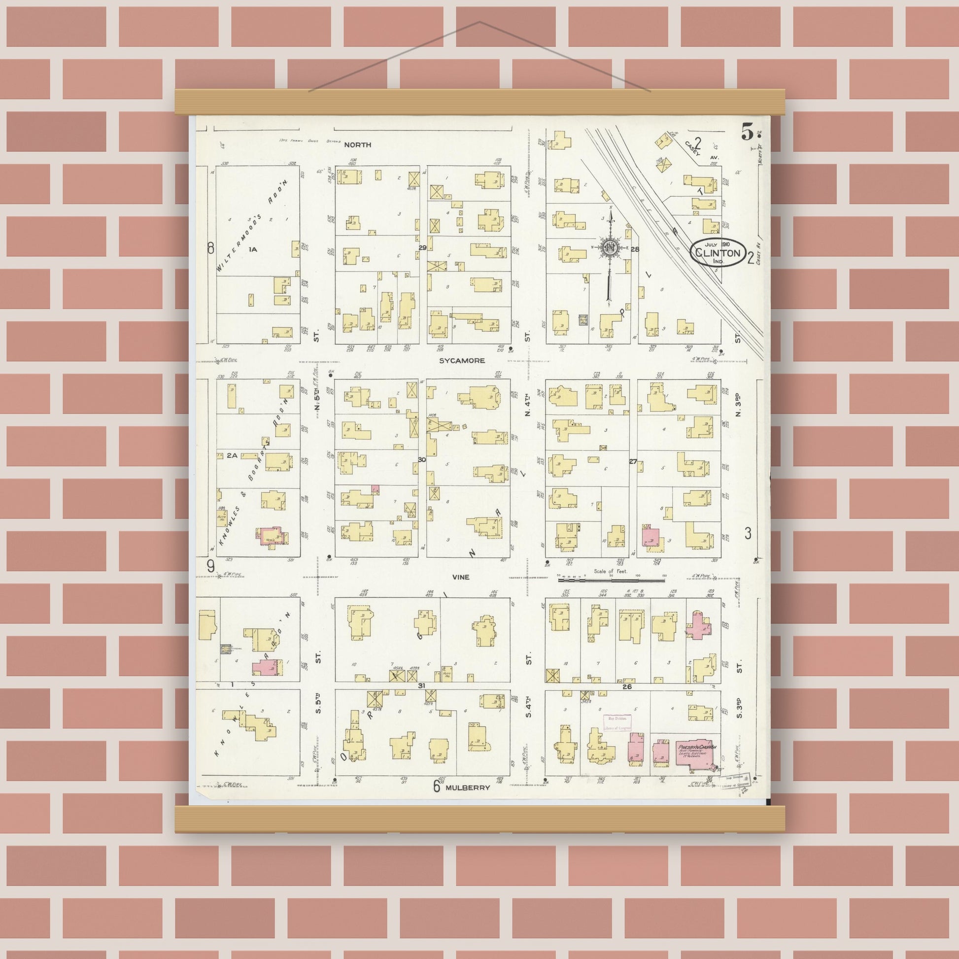 Old map wall art mockup — magnetic wood frame on brick wall — Sanborn Fire Insurance Map from Clinton, Vermillion County, Indiana (1910), Sheet #0005