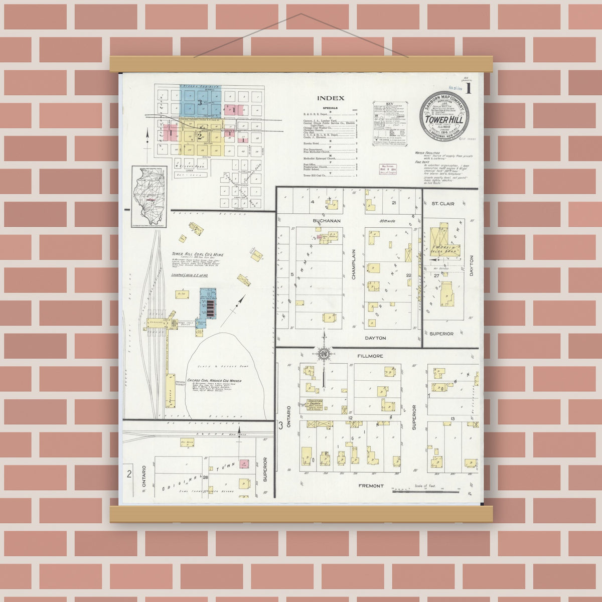 Old map wall art mockup — magnetic wood frame on brick wall — Sanborn Fire Insurance Map from Tower Hill, Shelby County, Illinois (1914) - Complete Map Set