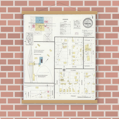 Old map wall art mockup — magnetic wood frame on brick wall — Sanborn Fire Insurance Map from Tower Hill, Shelby County, Illinois (1914) - Complete Map Set